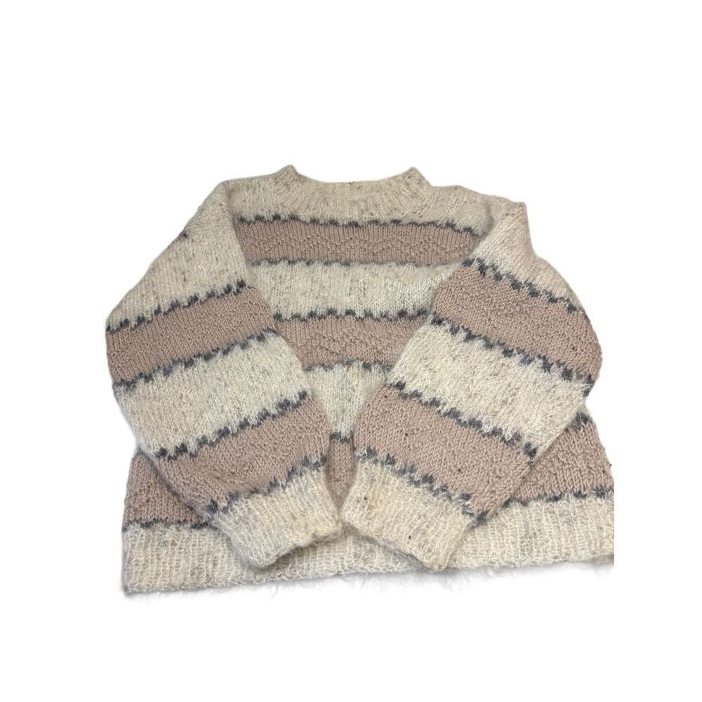 Handmade Women's Beige Tan Striped  Chunky Knit Pullover Sweater Medium